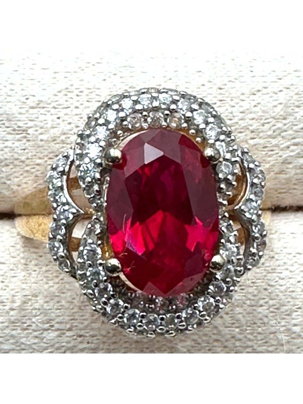 Vintage Red Ruby Diamond Ring Gold Plated Sterling Silver Size 8